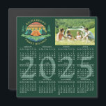 2025 Photo Calendar Camping Family Reunion Green<br><div class="desc">This magnetic 2025 calendar on a dark green background was designed for a camping theme Family Reunion. The template makes it easy to upload a custom photo and customize the text with your family name. The design features a vintage sunset illustration with tents in a pine tree forest near a...</div>