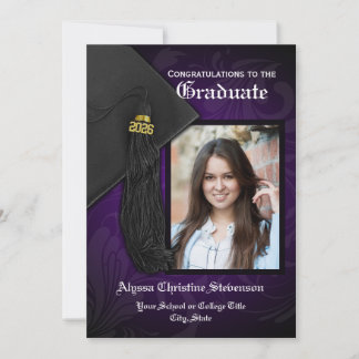 2025 Purple Black Tassel Charm Photo Graduation Invitation