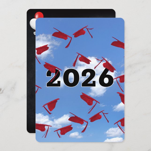 2025 Red Graduation Hats in Sky  Invitation (Front/Back)