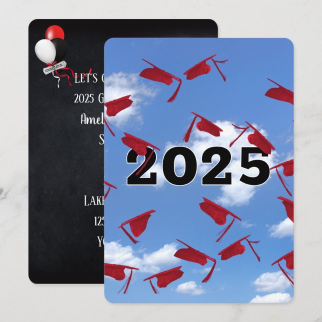 2025 Red Graduation Hats in Sky  Invitation (Front/Back)
