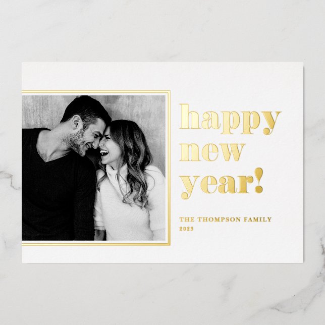 2025 Retro Bold Typography Happy New Year Photo Foil Holiday Card (Front)