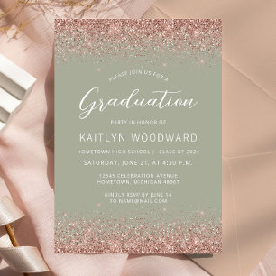 2025 Sage Green Rose Gold Glitter Graduation Party Invitation