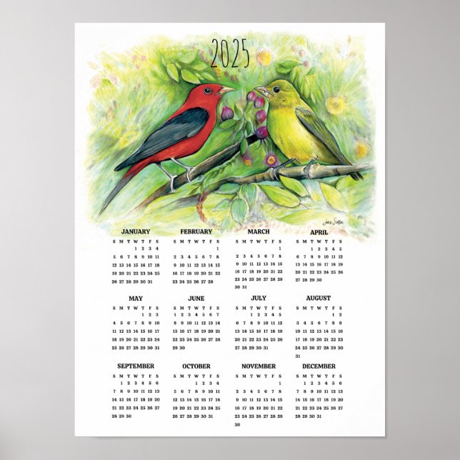2025 Scarlet Tanager Couple Calendar Poster  (Front)