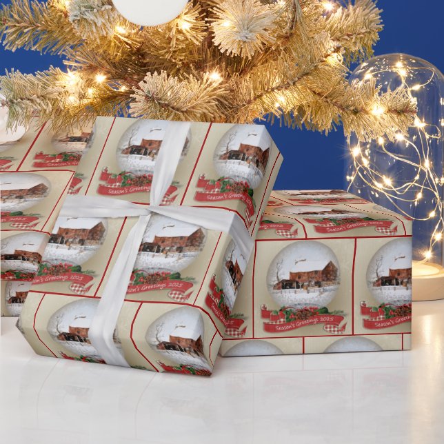 2025 Season's Greetings Barn in Snow Globe Wrapping Paper (Holidays)