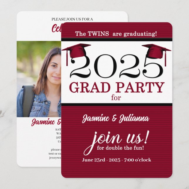 2025 Twin Graduate Red Pinstripe Photo Graduation Invitation (Front/Back)