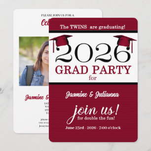 2025 Twin Graduate Red Pinstripe Photo Graduation Invitation