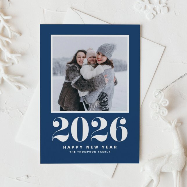 2025 Typography Navy Blue Happy New Year Photo (Celebrate the start of 2026 with a stylish retro flair using this navy blue New Year photo card.)