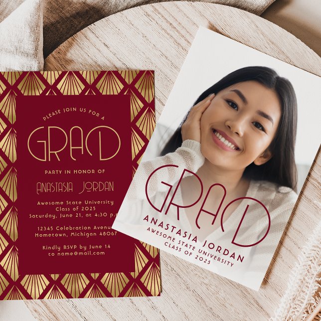 2025 Vintage Deco Burgundy Gold Graduation Party Invitation (Creator Uploaded)