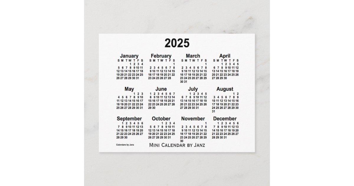 2025 White Mini Calendar By Janz Postcard Zazzle 0591