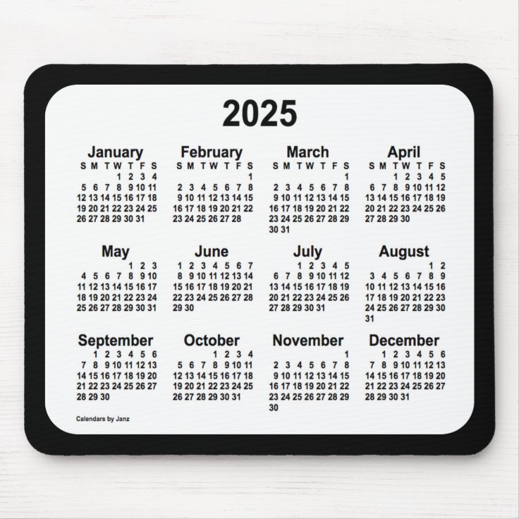 2025 White on Black Calendar by Janz Two Tone Mouse Pad Zazzle