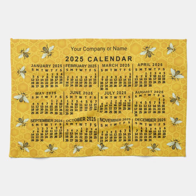 2025 Year Calendar Bee Honeycomb Apiary Custom Kitchen Towel (Horizontal)
