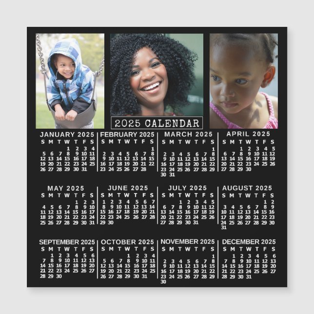 2025 Year Calendar Black | 3 Photo Collage Magnet (Front)