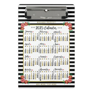 2025 Year Calendar Cute Floral Stripes Custom Mini Clipboard