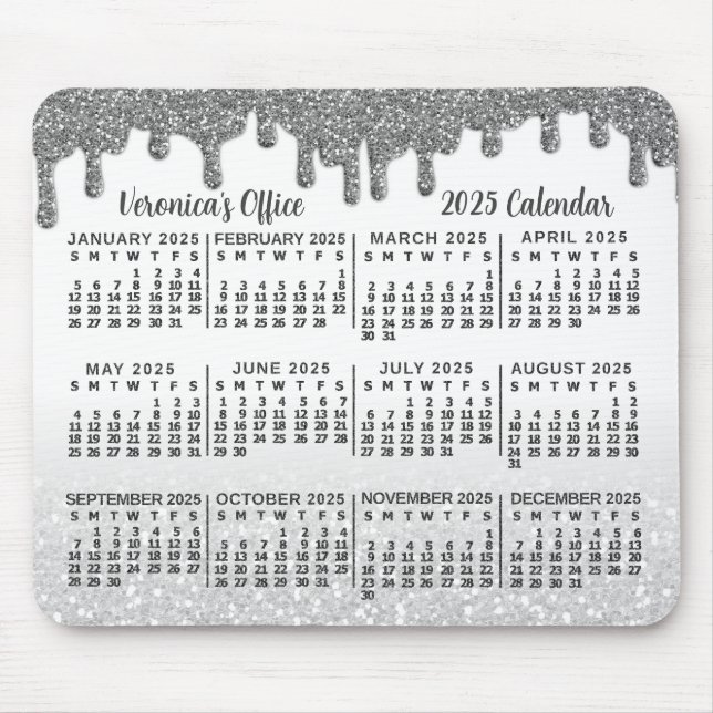 2025 Year Calendar Faux Silver Glitter Drips Name Mouse Pad (Front)