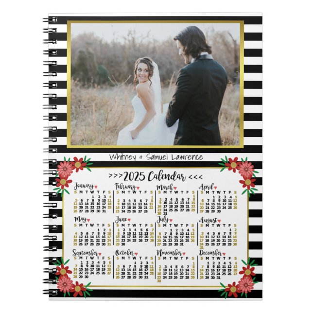 2025 Year Calendar Preppy Floral Stripes | Photo Notebook (Front)