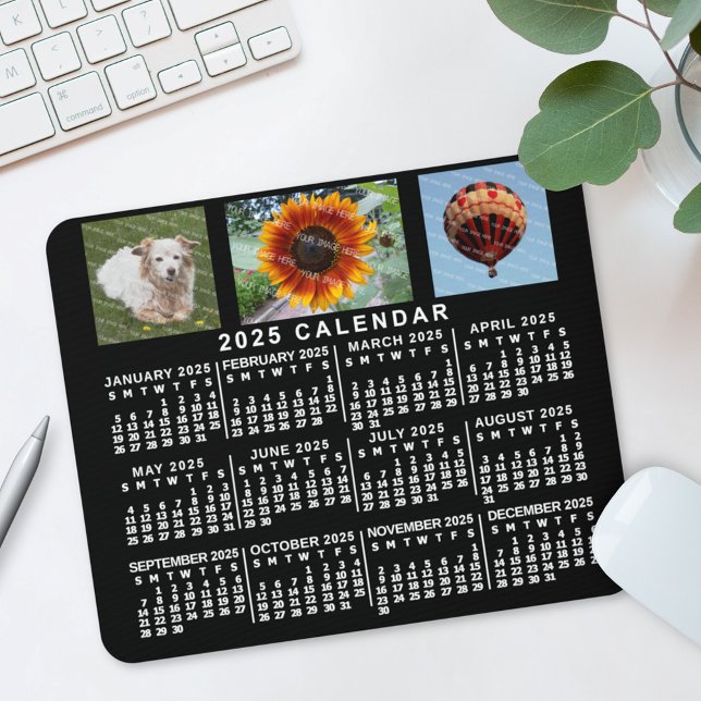 2025 Year Monthly Calendar Black Custom 3 Photos Mouse Pad (Creator Uploaded)