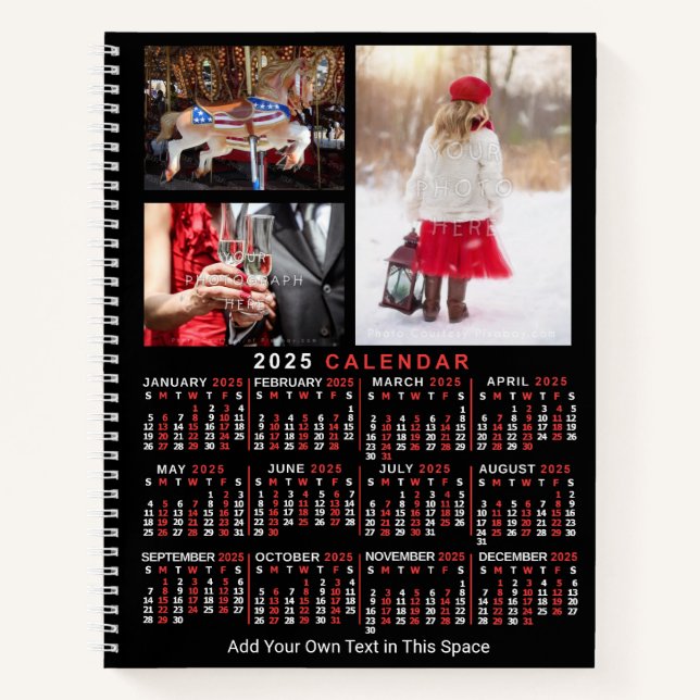 2025 Year Monthly Calendar Black Custom 9 Photos Notebook (Front)