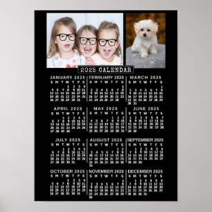 2025 Year Monthly Calendar Black   Custom Photos Poster