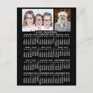 2025 Year Monthly Calendar Black   Photo Template Postcard