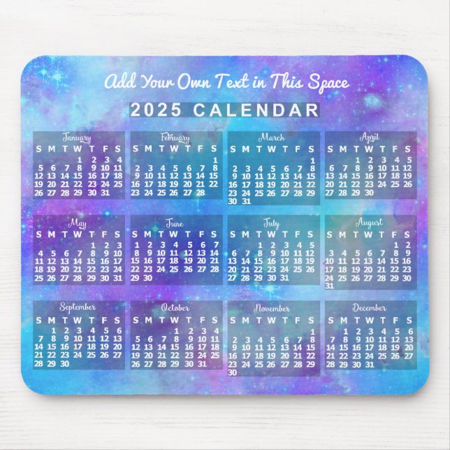 2025 Year Monthly Calendar Blue Watercolor Stars Mouse Pad (Front)