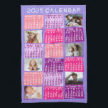 2025 Year Monthly Calendar Cute Mod Photo Collage Kitchen Towel<br><div class="desc">This personalized 2025 year monthly calendar kitchen towel has a mid-century modern geometric look with asymmetrical colour blocks and cut-out paper style typography. The colours are all various shades of pink and purple. Use the easy templates to add six of your favourite photos (horizontal work best, but all shapes will...</div>