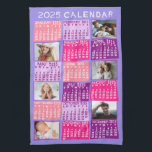 2025 Year Monthly Calendar Cute Mod Photo Collage Kitchen Towel<br><div class="desc">This personalized 2025 year monthly calendar kitchen towel has a mid-century modern geometric look with asymmetrical colour blocks and cut-out paper style typography. The colours are all various shades of pink and purple. Use the easy templates to add six of your favourite photos (horizontal work best, but all shapes will...</div>