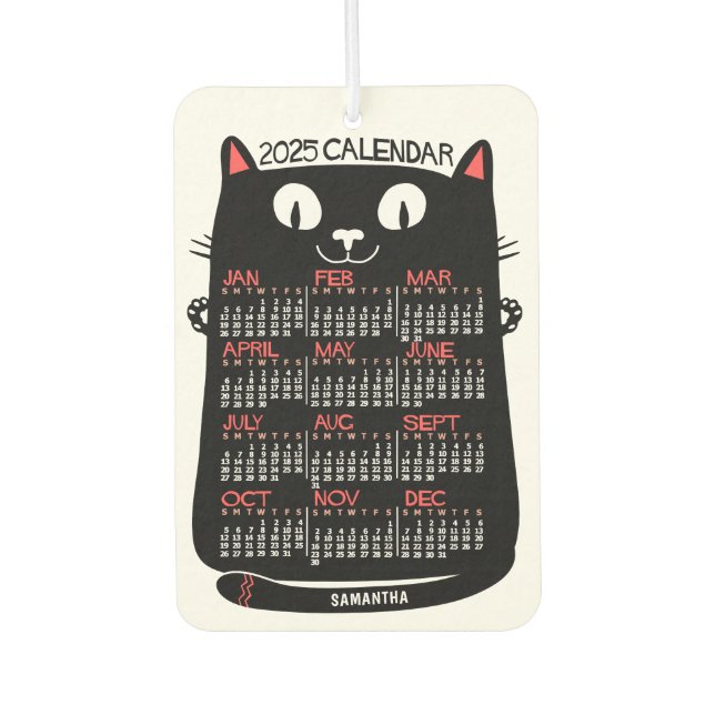 2025 Year Monthly Calendar Mid-Century Black Cat Air Freshener (Front)
