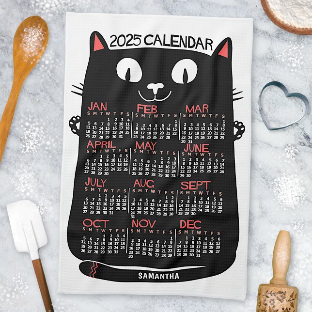 2025 Year Monthly Calendar Mid-Century Black Cat Kitchen Towel (Creator Uploaded)