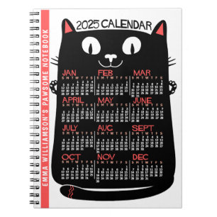 2025 Year Monthly Calendar Mid-Century Black Cat Notebook
