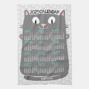 2025 Year Monthly Calendar Mid-Century Grey Cat Kitchen Towel