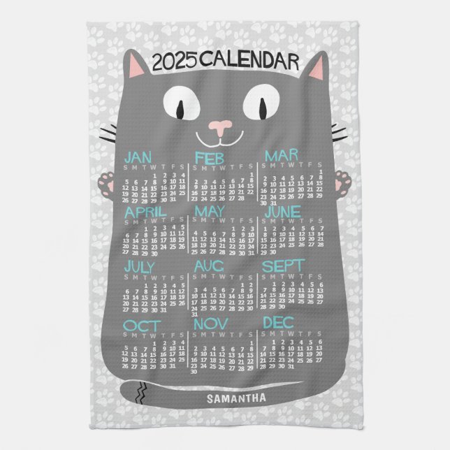 2025 Year Monthly Calendar Mid-Century Grey Cat Kitchen Towel (Vertical)