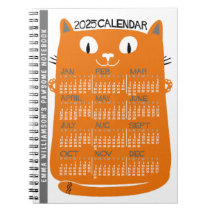 2025 Year Monthly Calendar Mid-Century Orange Cat Notebook