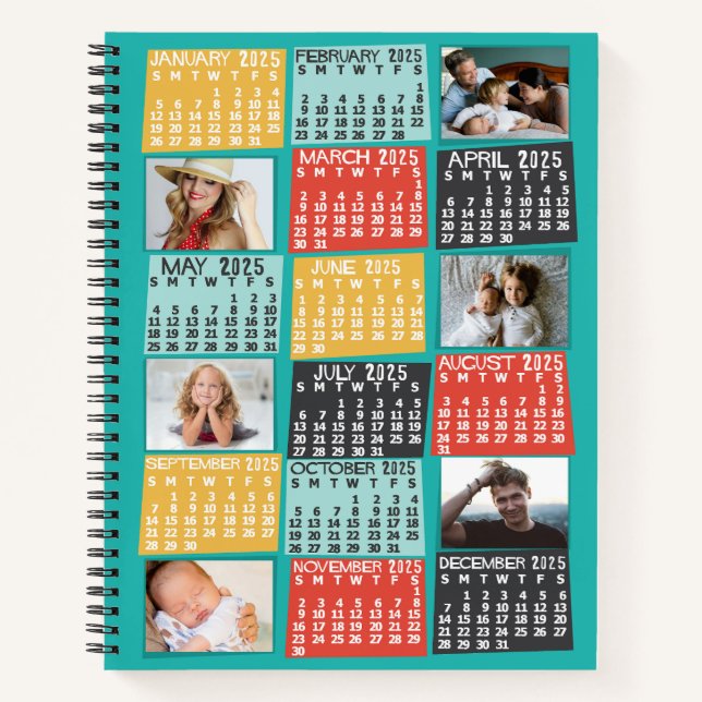 2025 Year Monthly Calendar Modern 12 Photo Collage Notebook (Front)