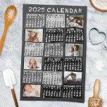 2025 Year Monthly Calendar Photo Collage Mod Black Kitchen Towel<br><div class="desc">This personalized 2025 year monthly calendar kitchen towel has a mid-century modern geometric look with asymmetrical colour blocks and cut-out paper style typography. The colours are various shades of black, white, and grey. Use the easy templates to add six of your favourite photos (horizontal work best, but all shapes will...</div>