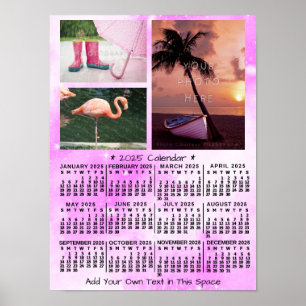 2025 Year Monthly Calendar Pink Watercolor 3 Photo Poster