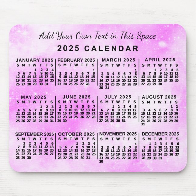 2025 Year Monthly Calendar Pink Watercolor Custom Mouse Pad (Front)