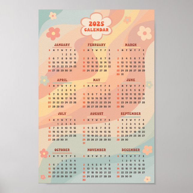 2025 Yearly Calendar Groovy Vintage Pastel Swirl   Poster (Front)