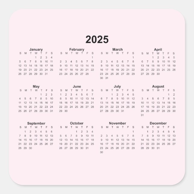 2025 Yearly Calendar on Pale Pink Square Sticker (Front)