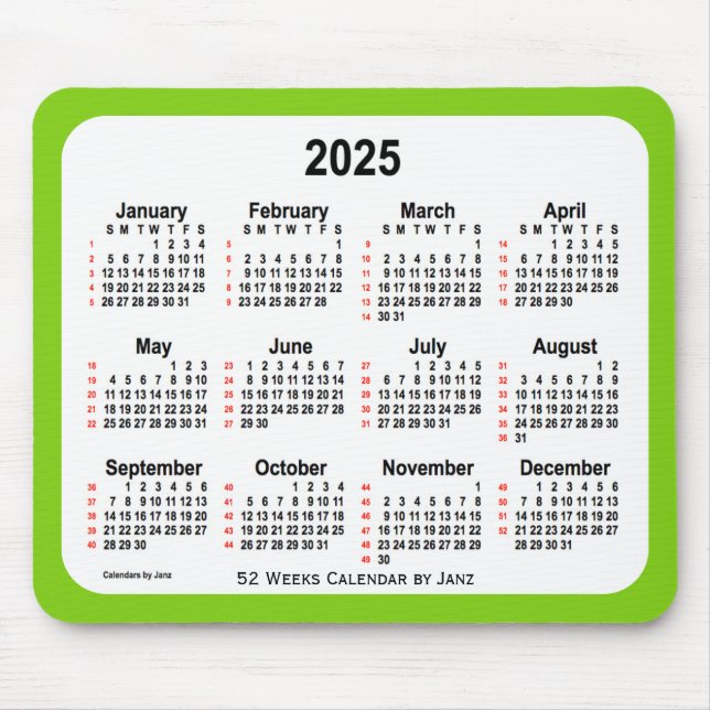 2025 Yellow Green 52 Weeks Calendar by Janz Mouse Pad (Front)