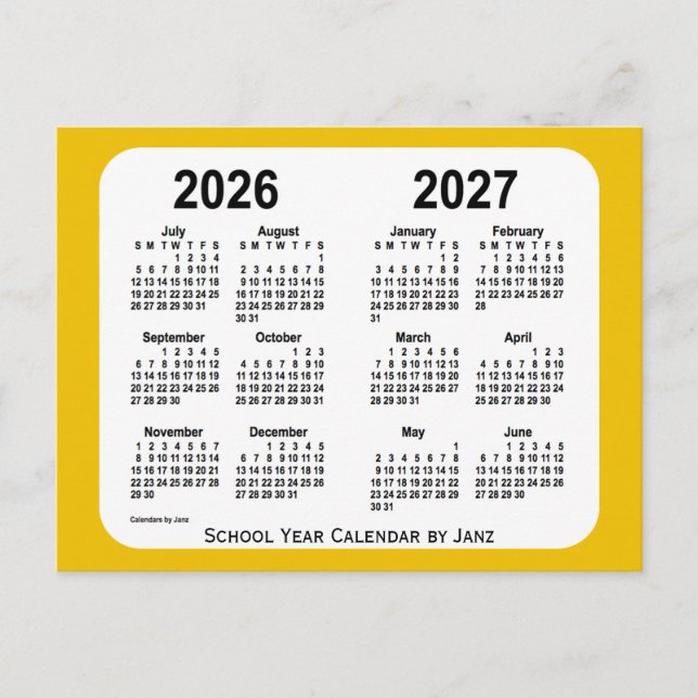 2026-2027 Gold Mini School Year Calendar by Janz Postcard (Front)