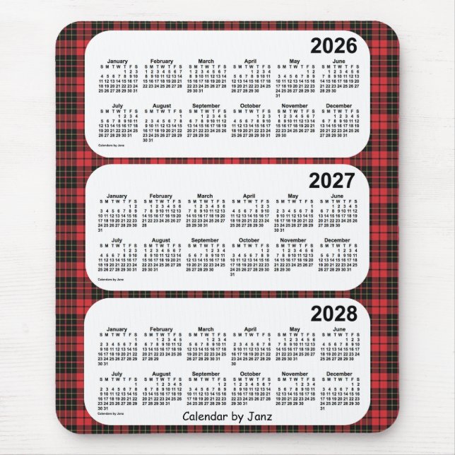 2026-2028 Red Plaid 3 Year Calendar by Janz Mouse Pad (Front)