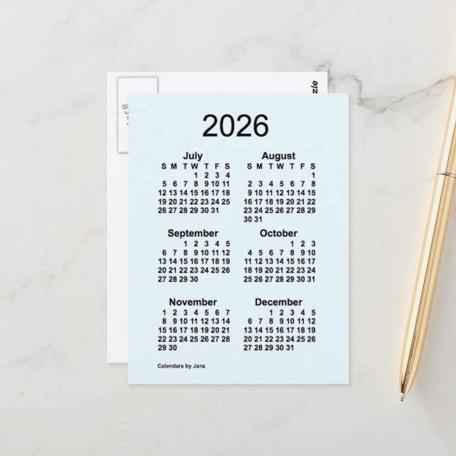 2026 Alice Blue 6 Month Mini Calendar by Janz Postcard (Front/Back In Situ)