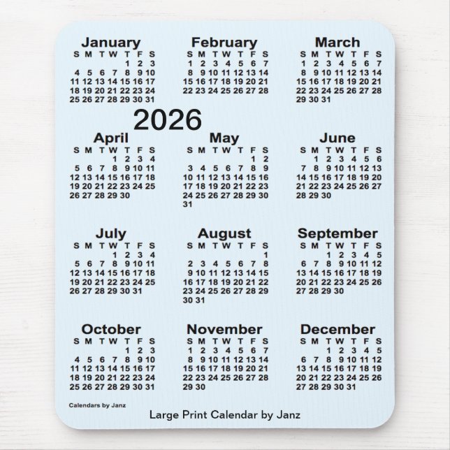 2026 Alice Blue Large Print Calendar by Janz Mouse Pad (Front)