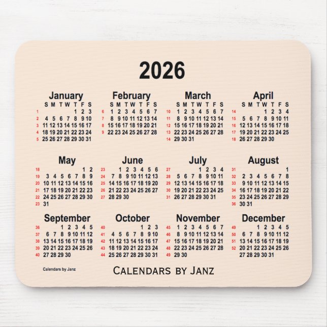 2026 Antique White 52 Weeks Calendar by Janz Mouse Pad (Front)