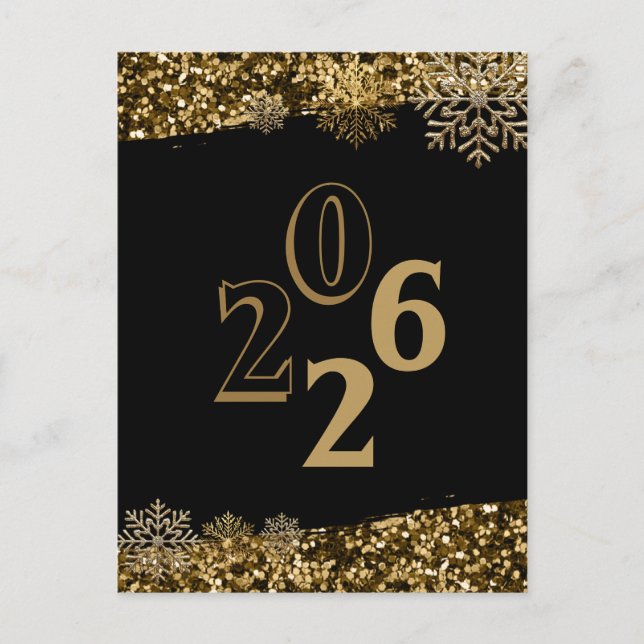 2026  Black Gold Glitter Snowflake New Year  Postcard (Front)