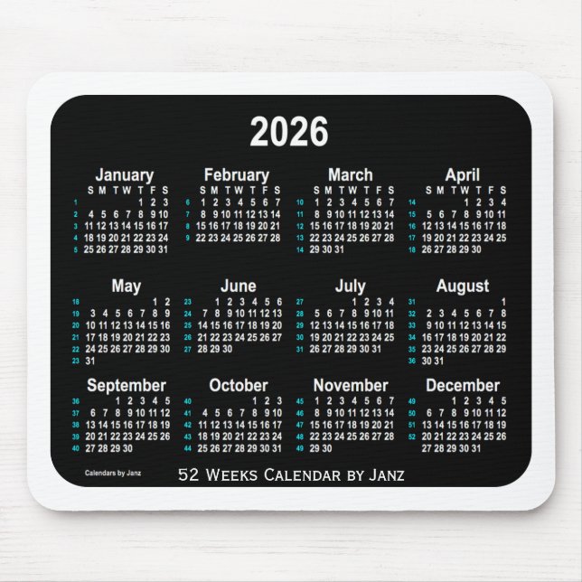 2026 Black Neon  52 Weeks Calendar by Janz Mouse Pad (Front)