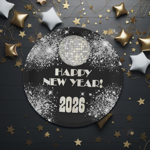 2026 Black Silver Glitter New Year's Eve Party Paper Plate