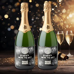 2026 Black Silver Glitter New Year's Eve Party Sparkling Wine Label