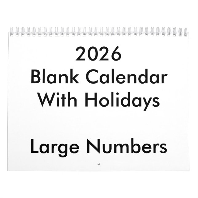 2026 Blank Calendar With Holidays Large Numbers (Cover)