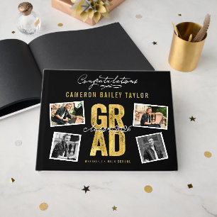 2026 Bold Gold GRAD 4 Multi Photo Graduation Party Guest Book